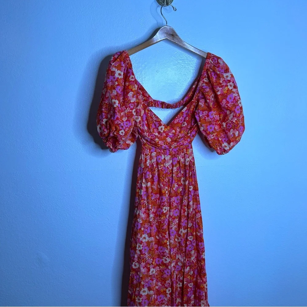 Free People 100% Cotton Bright Pink Puff Sleeve Wide Leg Jumpsuit Size Small
